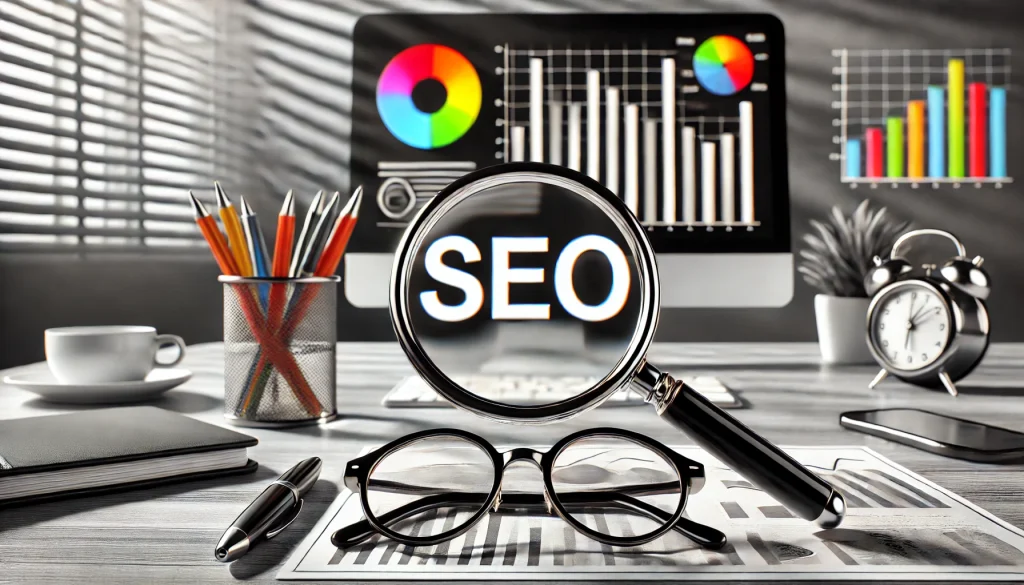 Lupe vergrößert das Wort „SEO“ in farbiger Schrift auf einem Schreibtisch mit Monitor, Brille, Stiften und einem Glas Wasser. Der Hintergrund ist schwarz-weiß. auf www.gutes-wissen.org